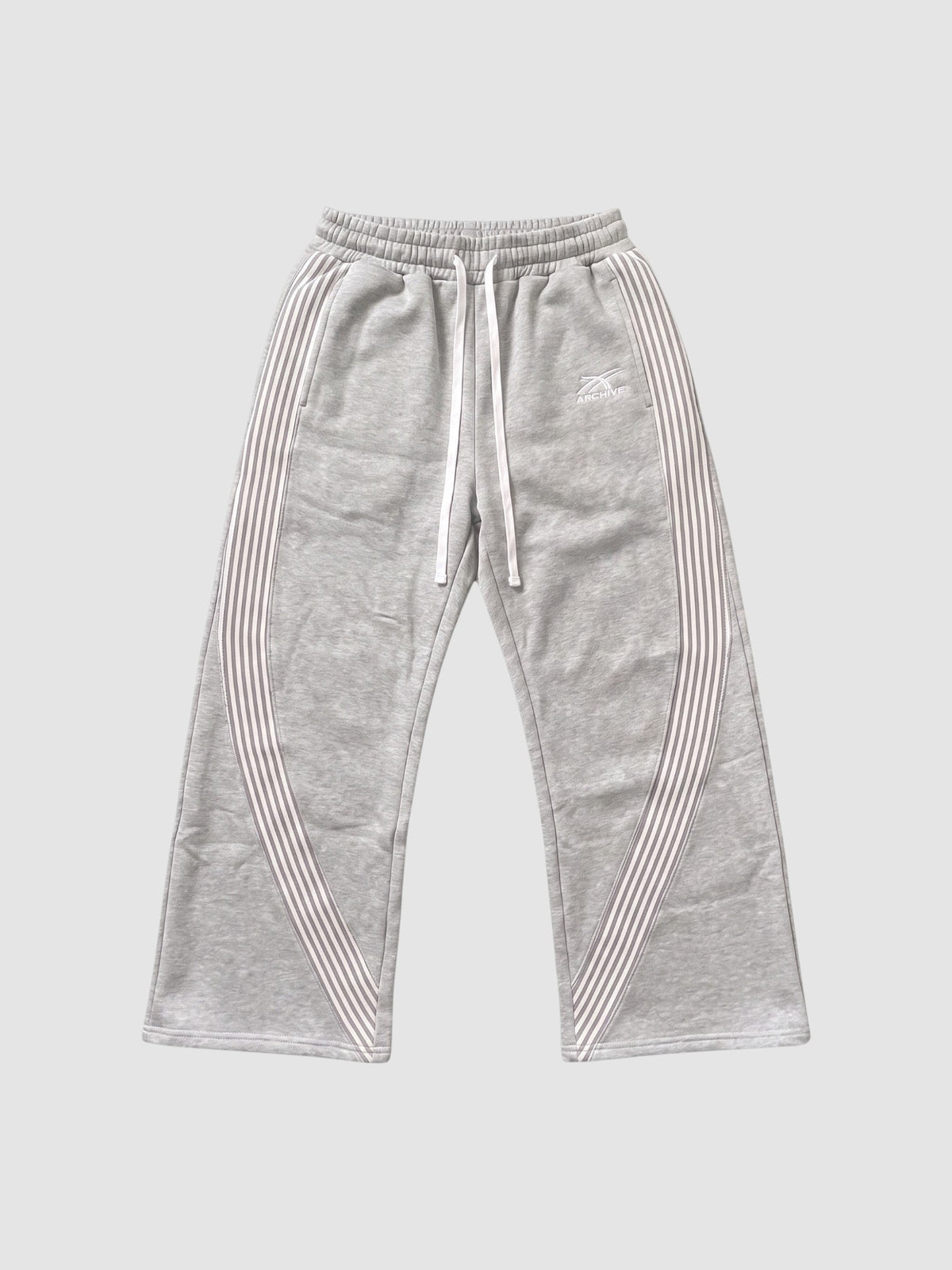 Y2K Studio grey heather fleece baggy joggers with white side stripes and embroidered logo on the left thigh