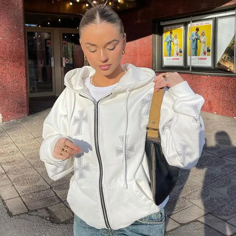 Rhinestone Full Zip Hoodie Goth Sweatshirt Pull Long Sleeve Black Hoodies Y2k Fashion Men's Women's Sport Jackets Coats New 2023