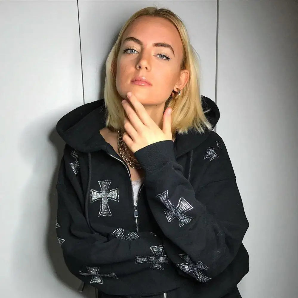 Rhinestone Full Zip Hoodie Goth Sweatshirt Pull Long Sleeve Black Hoodies Y2k Fashion Men's Women's Sport Jackets Coats New 2023