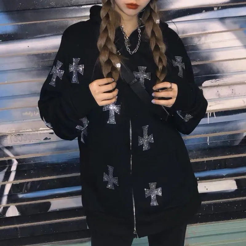 Rhinestone Full Zip Hoodie Goth Sweatshirt Pull Long Sleeve Black Hoodies Y2k Fashion Men's Women's Sport Jackets Coats New 2023