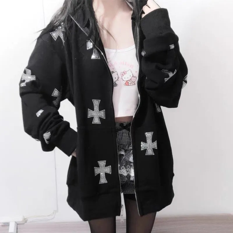 Rhinestone Full Zip Hoodie Goth Sweatshirt Pull Long Sleeve Black Hoodies Y2k Fashion Men's Women's Sport Jackets Coats New 2023