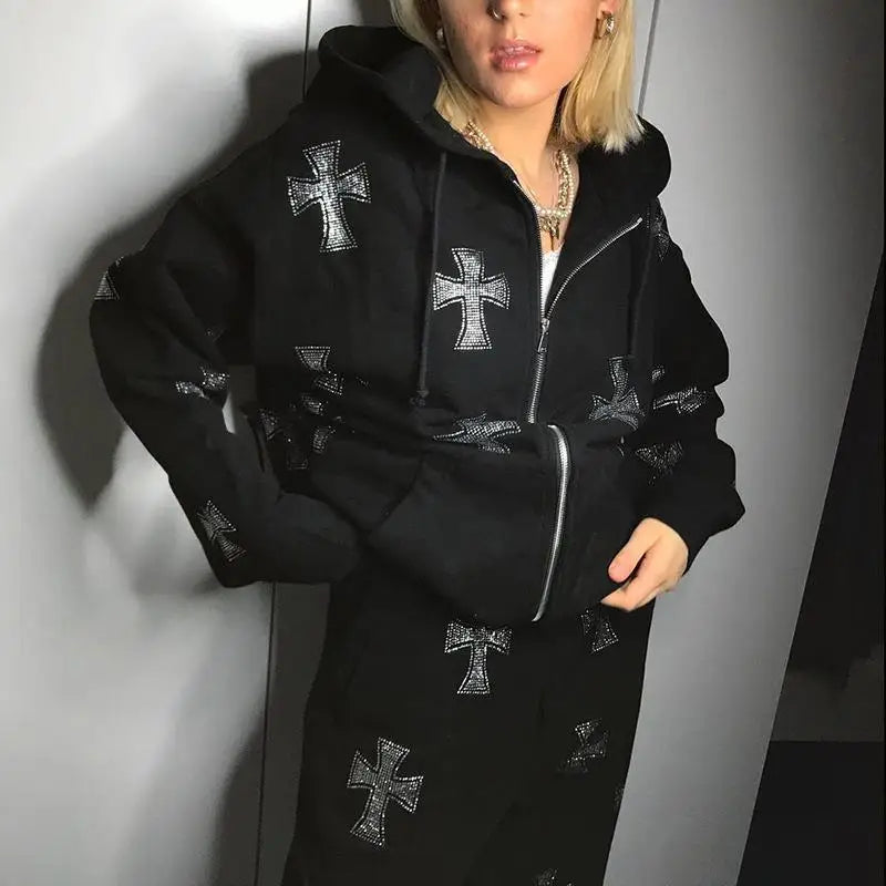 Rhinestone Full Zip Hoodie Goth Sweatshirt Pull Long Sleeve Black Hoodies Y2k Fashion Men's Women's Sport Jackets Coats New 2023
