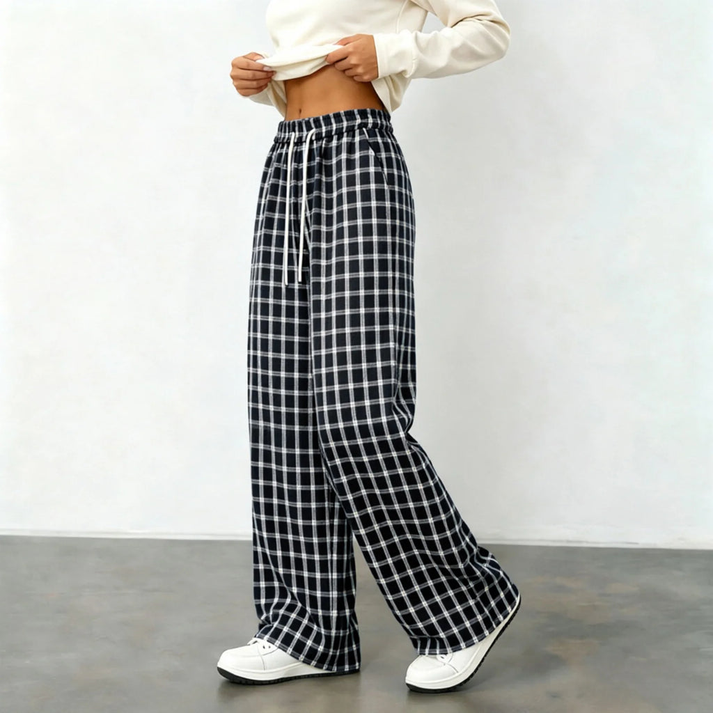 Women Plaid Straight Wide Leg Pants Drawstring Elastic Waist Loose Comfy Fit Casual Trendy Daily All Season Trousers Streetwear