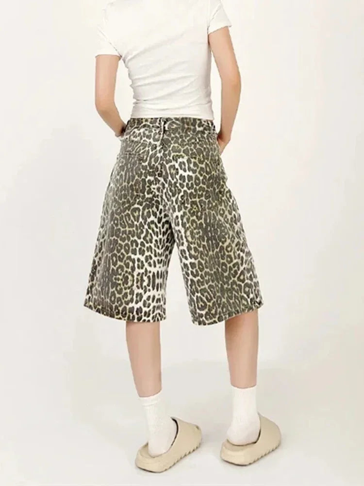 Women's Shorts Denim Leopard Print High Waisted Straight Leg Pants Street Harajuku Y2K Retro Versatile Fashion Wide Leg Jeans