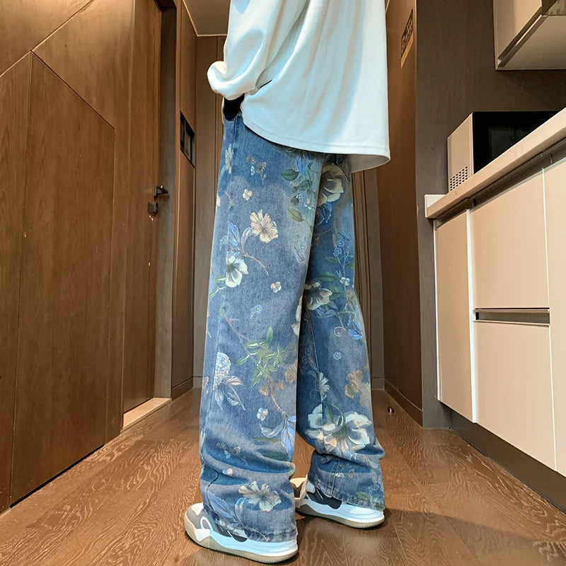 American High Street Floral Printed Jeans For Men 2026 New Y2K Vintage Denim Trousers Hip Hop Fashion Wide-leg Baggy Jean Pants