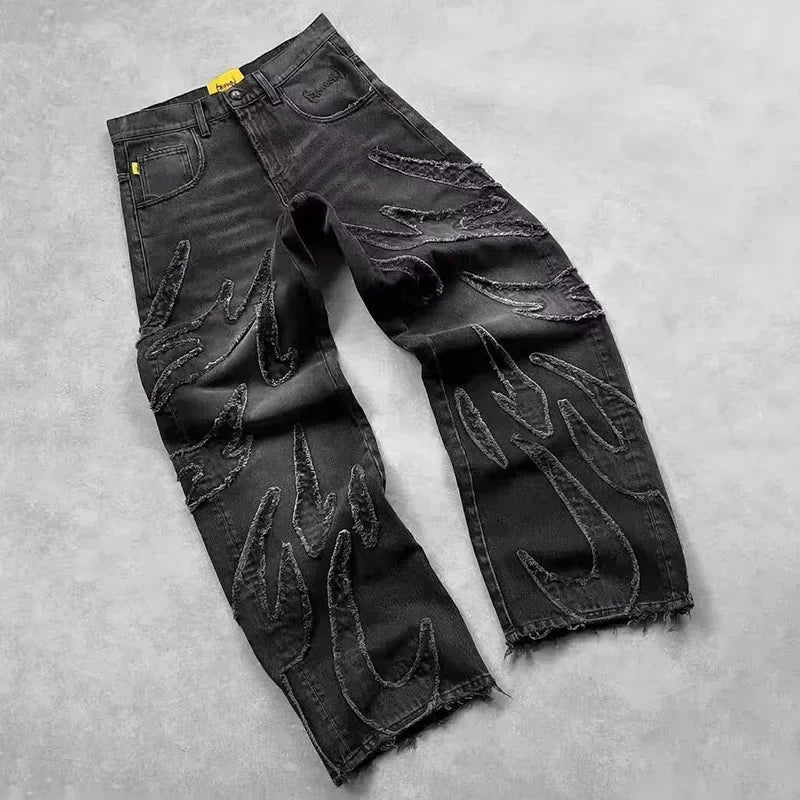 Street Gothic Retro High Waisted Wide Leg Trousers 2025 Y2k Hip Hop Baggy Jeans Men's Street Fashion Raw Edge Embroidered Jeans