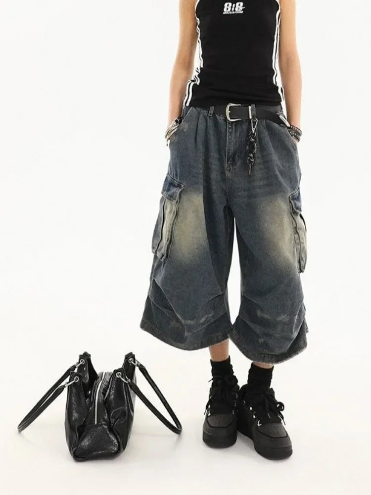 High Waist  Retro Blue Washed Denim Shorts Women's Harajuku Vintage Fashion Casual Loose Y2K Streetwear Wide Leg Cropped Pants