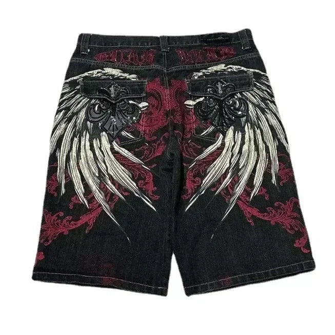 Streetwear Denim Shorts Mens Embroidery American Hip Hop Printed Loose Shorts Gothic Retro Harajuku Fashion Y2K New Shorts