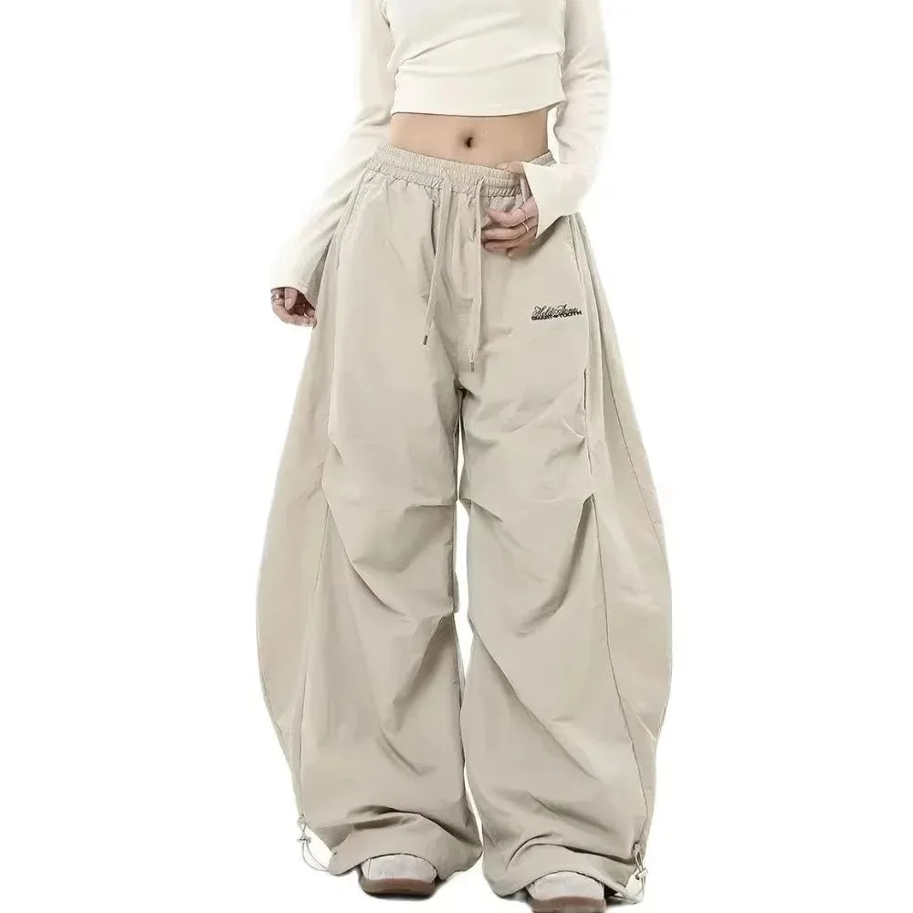 Women Casual Joggers Tech Pants Solid Low Waist Pants Drawstring Wide Leg Baggy Trousers Y2k Streetwear Oversize Sweatpants