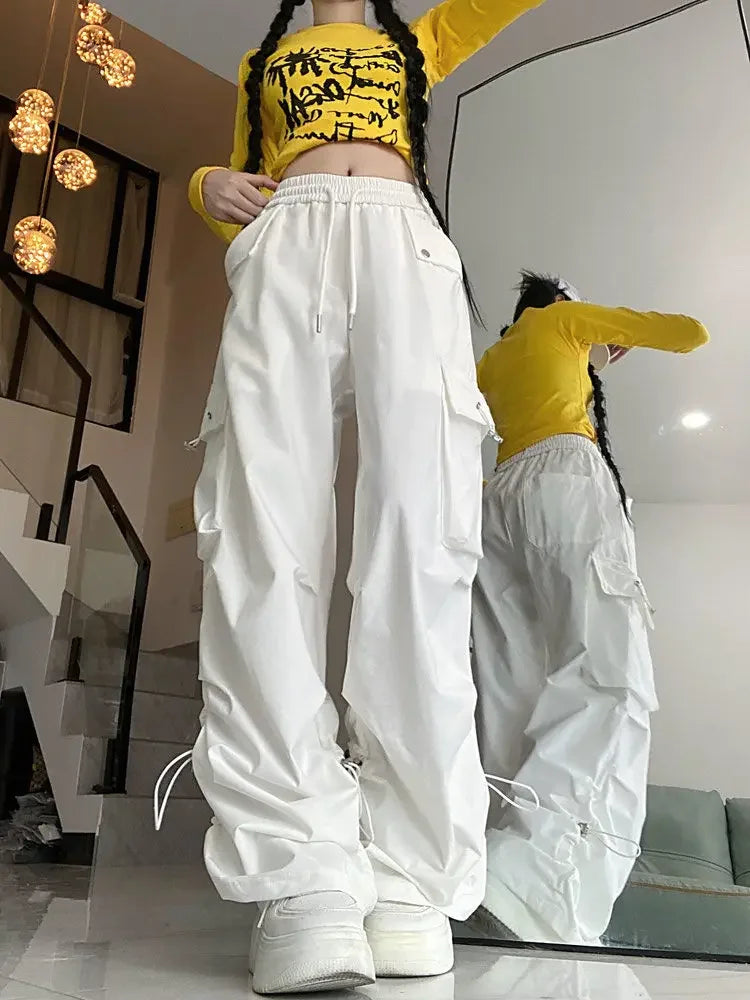 2025 Hip Hop Style White Y2k Baggy Kpop Pleated Trousers Cargo Parachute Pants Oversized Korean Streetwear Wide Leg Joggers 90s