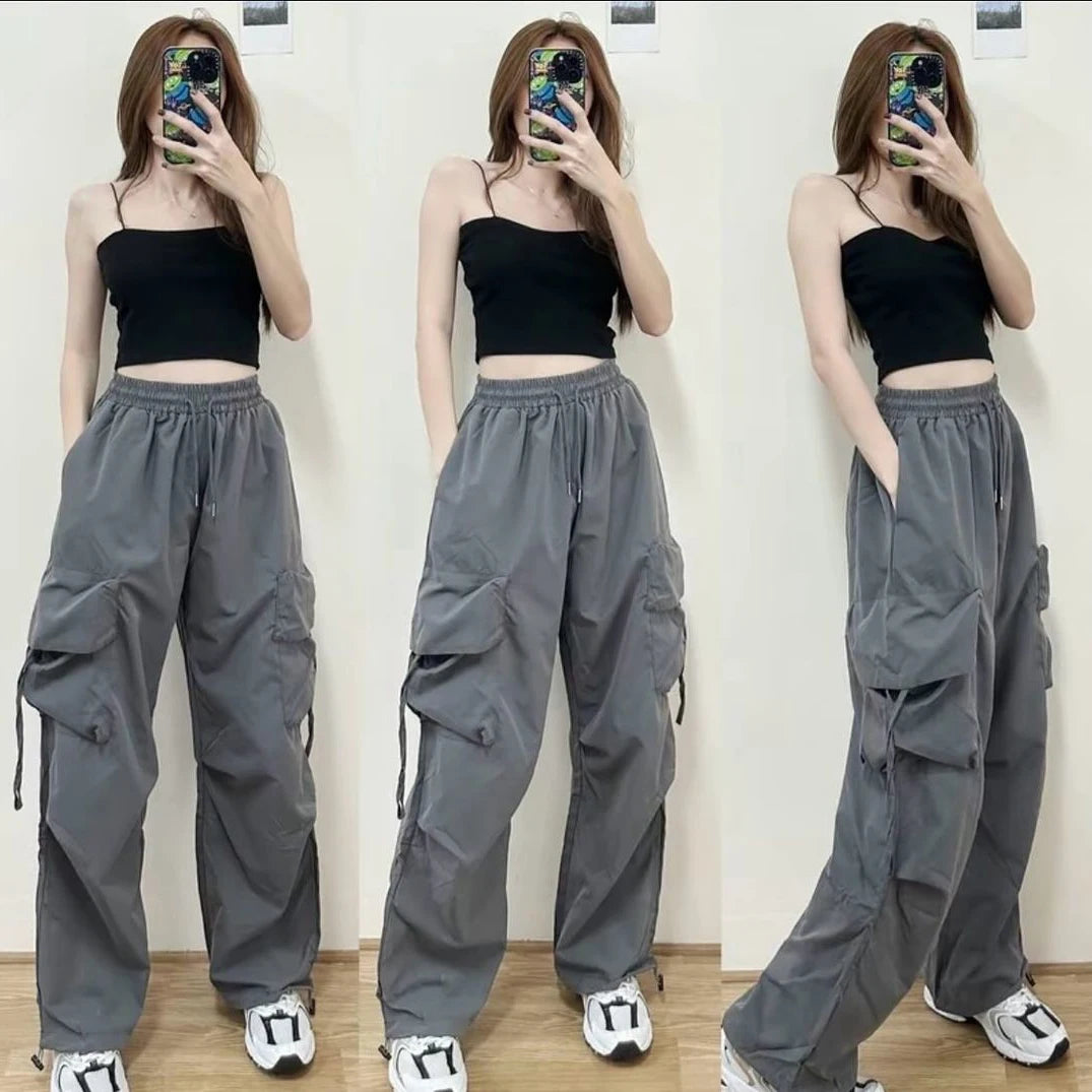 American Women's Overalls Retro Quick Drying Summer High Straight Wide Leg Streamers Loose Casual Floor Length Trousers Trend