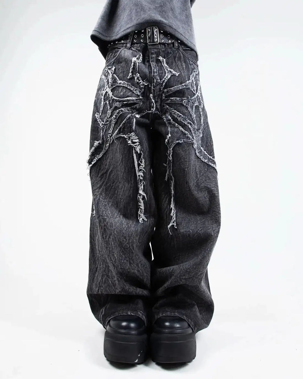 Gothic Retro Baggy Unisex Mopping Pants Y2K Phantom Jeans High Street Spider Embroidered Patch Hip Hop Streetwear Straight Jeans