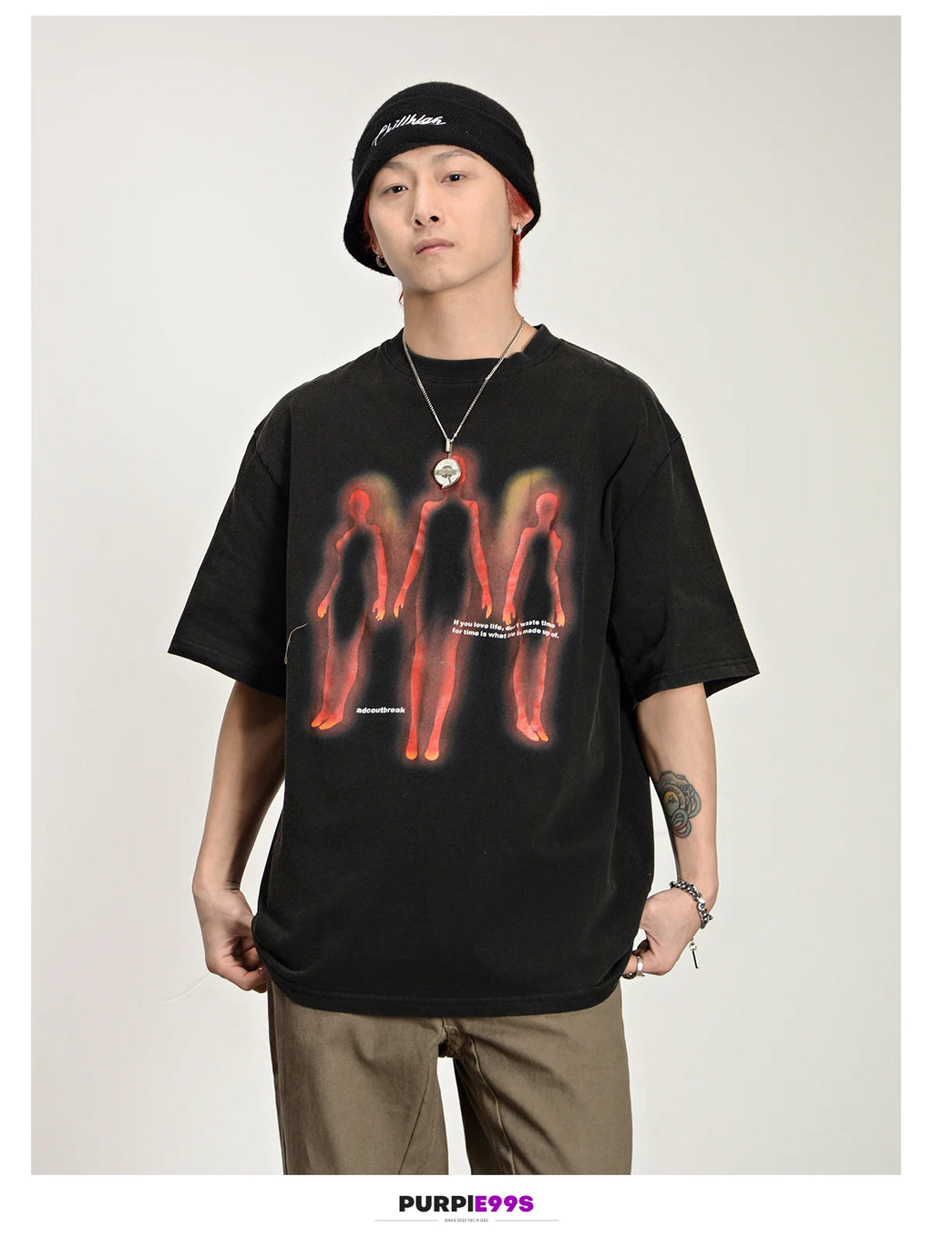 Vintage Oversized Men's Clothing Streetwear Abstract Shadow Graphic Print Distressed Black Tshirt Hip Hop Harajuku Y2k Goth Tops