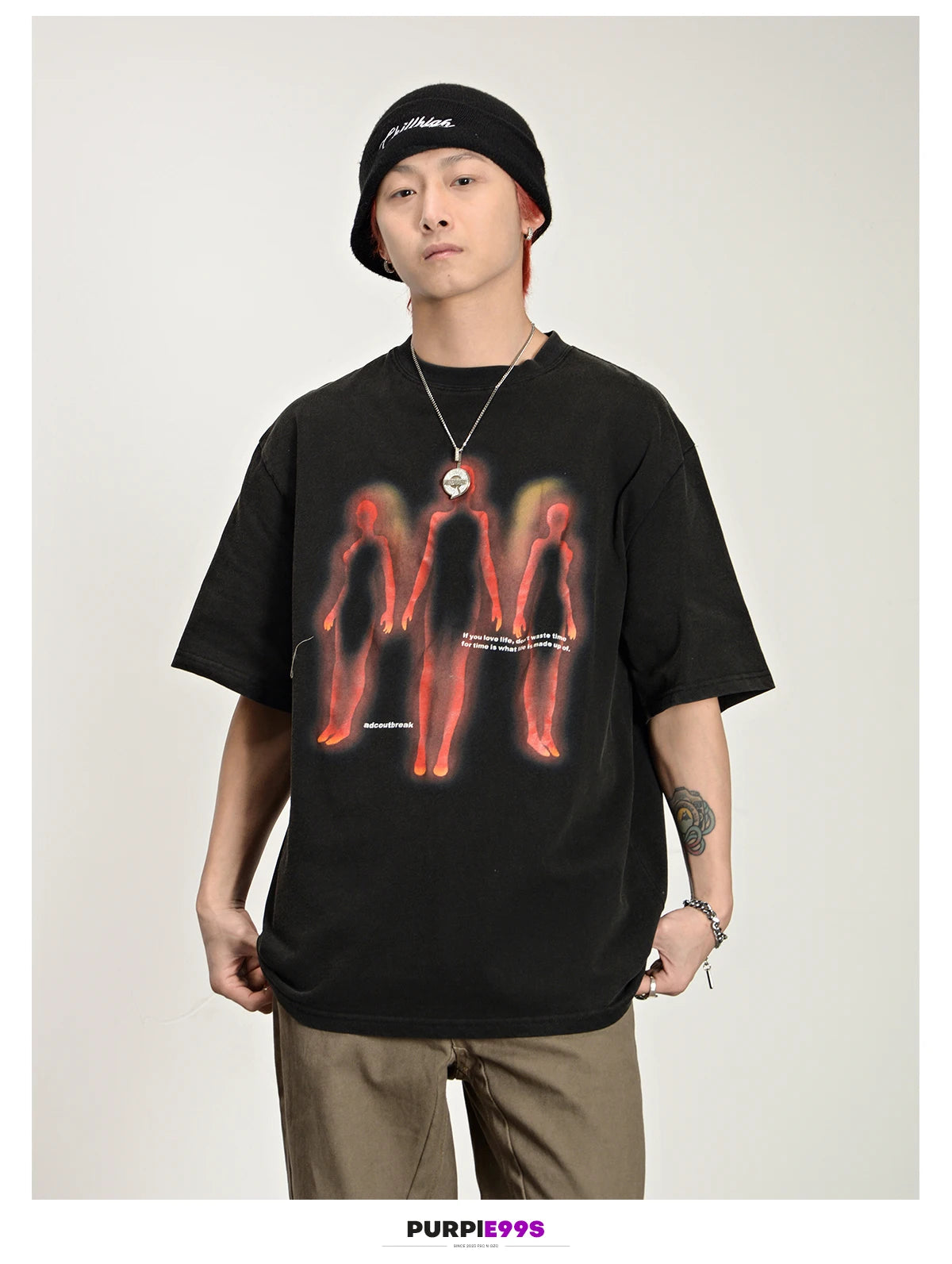 Vintage Oversized Men's Clothing Streetwear Abstract Shadow Graphic Print Distressed Black Tshirt Hip Hop Harajuku Y2k Goth Tops