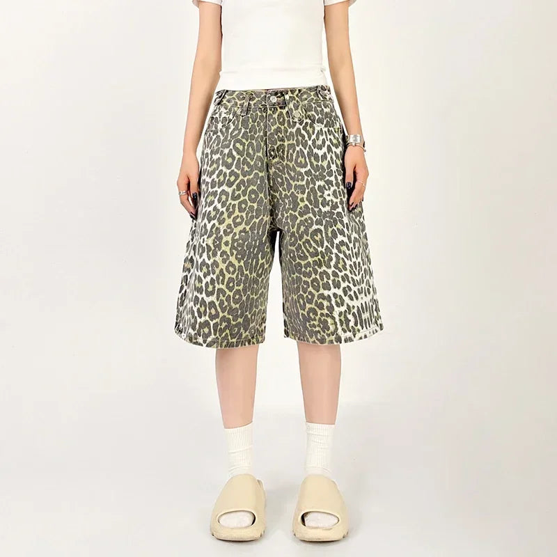 Women's Shorts Denim Leopard Print High Waisted Straight Leg Pants Street Harajuku Y2K Retro Versatile Fashion Wide Leg Jeans