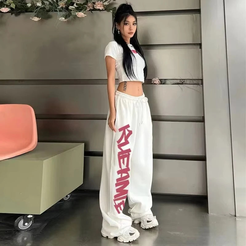 High Waist Hip-hop Sports Pants for Women Street Dance Y2K Letter Print Vintage Trousers Summer New Kids Fashion