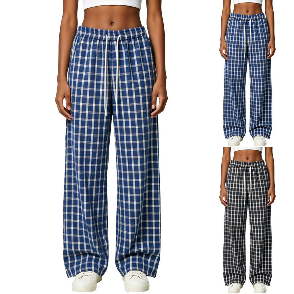Women Plaid Straight Wide Leg Pants Drawstring Elastic Waist Loose Comfy Fit Casual Trendy Daily All Season Trousers Streetwear