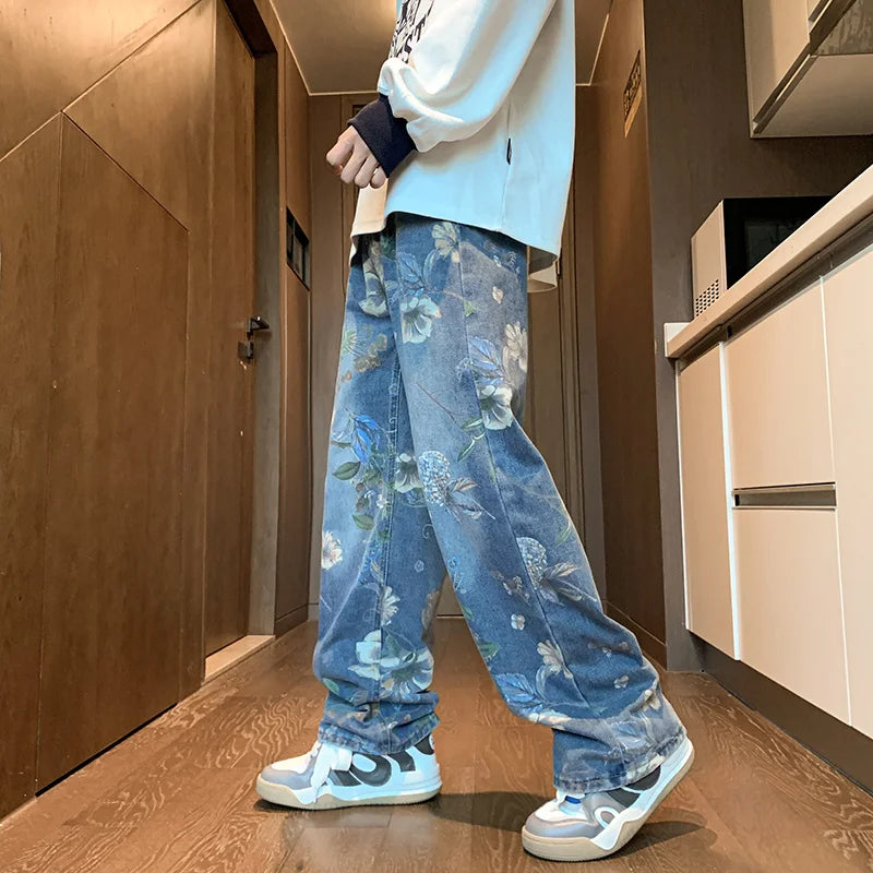 American High Street Floral Printed Jeans For Men 2026 New Y2K Vintage Denim Trousers Hip Hop Fashion Wide-leg Baggy Jean Pants