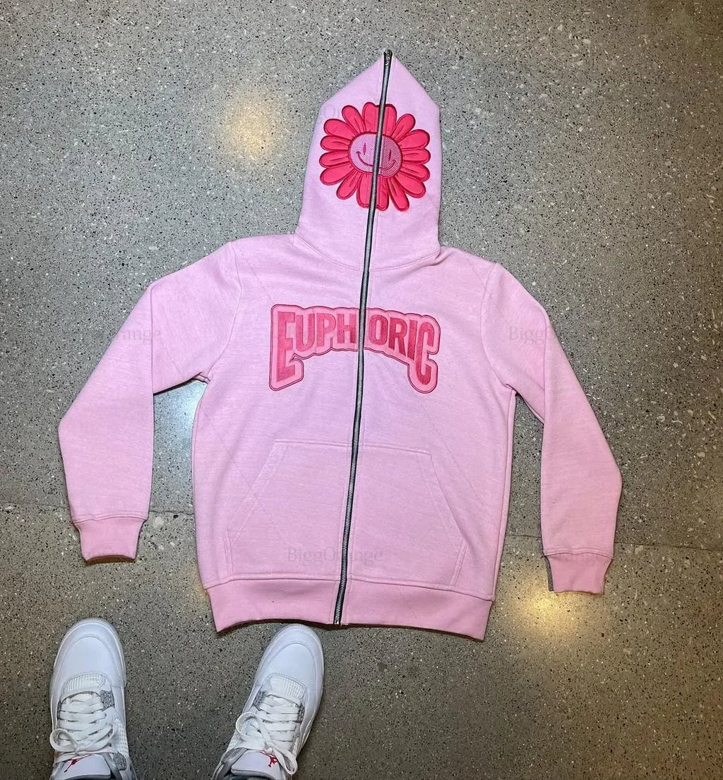 Harajuku Pink Petal Print Sweatshirts Full Zip Hoodie Streetwear Jacket Y2K Clothes New Lounge Wear Tracksuit Men Cloth NM33
