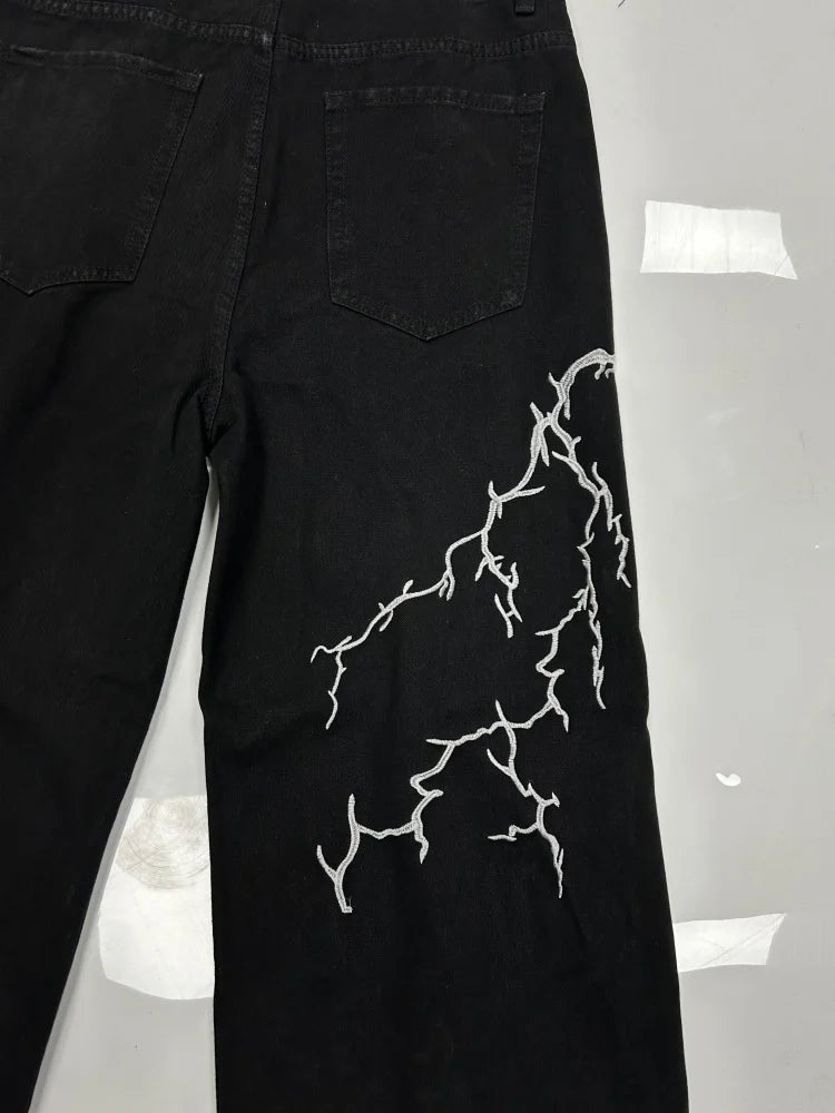 Y2k Fashion Baggy Jeans Black Men's Streetwear Straight Oversize Wide-leg Pants Vintage Lightning Pattern Loose Denim Trousers