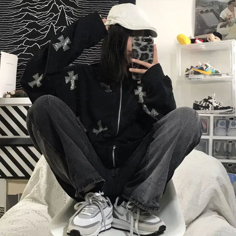 Rhinestone Full Zip Hoodie Goth Sweatshirt Pull Long Sleeve Black Hoodies Y2k Fashion Men's Women's Sport Jackets Coats New 2023