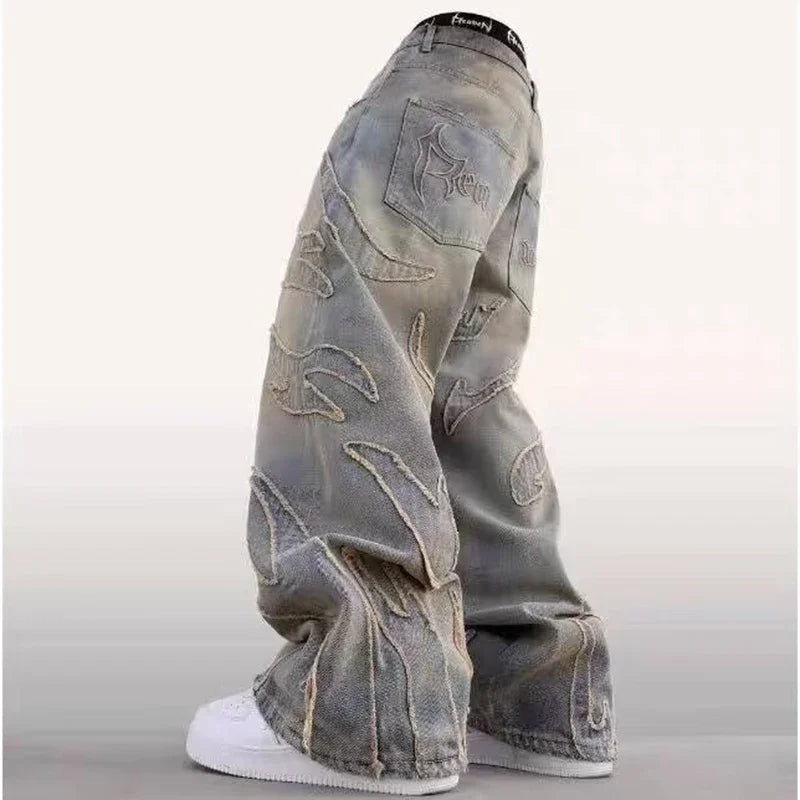Street Gothic Retro High Waisted Wide Leg Trousers 2025 Y2k Hip Hop Baggy Jeans Men's Street Fashion Raw Edge Embroidered Jeans