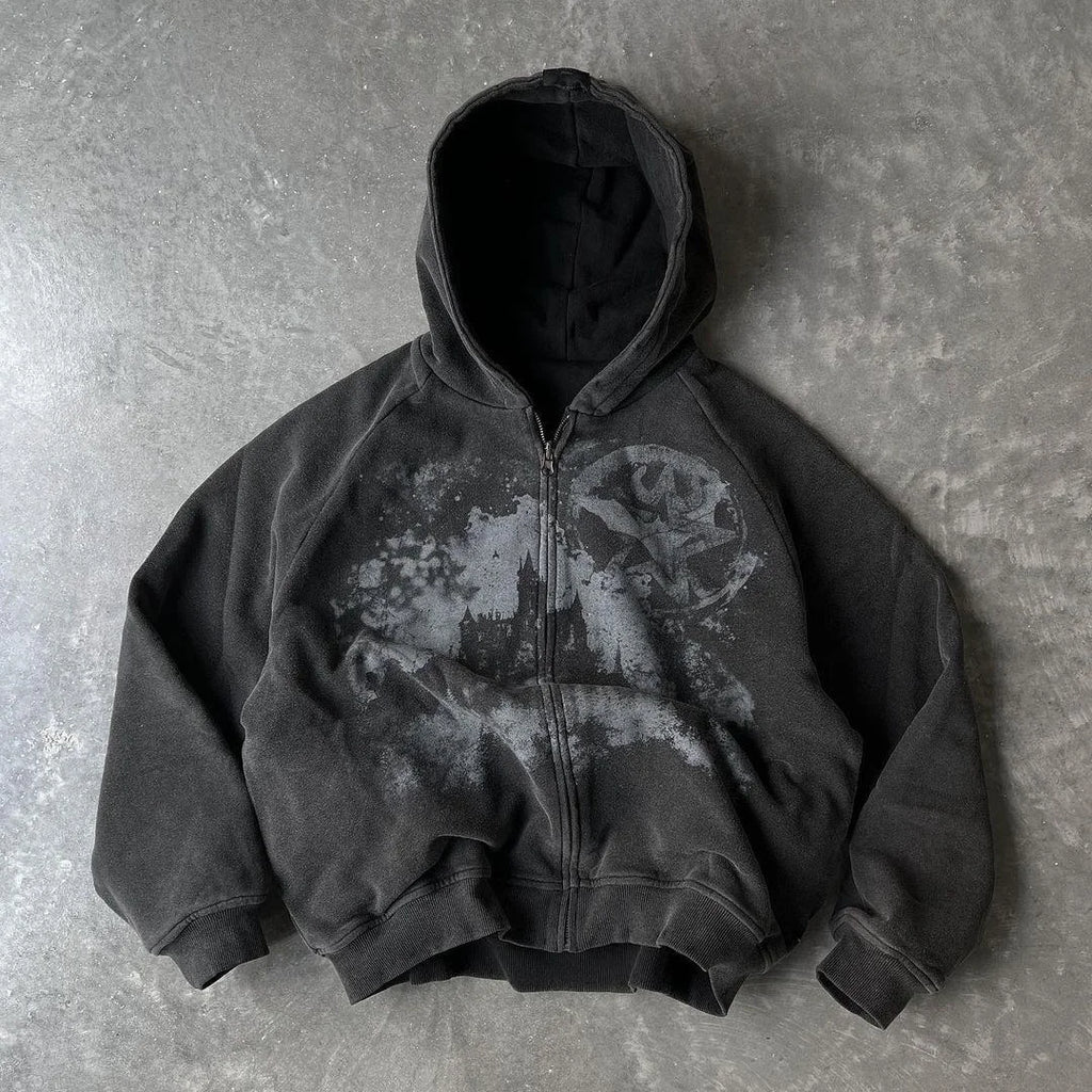 British Gothic Punk Printed Star Patch Embroidery Mens Womens Hooded Cardigan Harajuku Retro American Oversized Bat Sleeve Tops