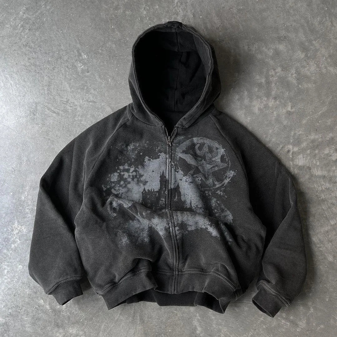 British Gothic Punk Printed Star Patch Embroidery Mens Womens Hooded Cardigan Harajuku Retro American Oversized Bat Sleeve Tops