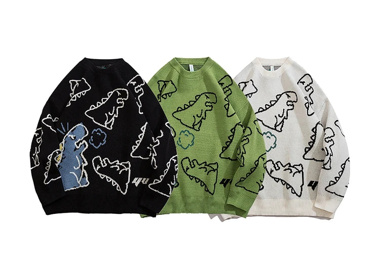 Men Streetwear Cartoon Dinosaur Sweater Hip-hop Loose Fit Round Neck Knitwear All-over Print Pullover Casual Sweater Men Women