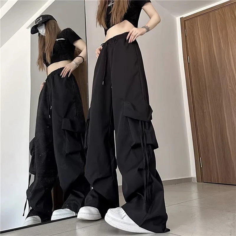 American Women's Overalls Retro Quick Drying Summer High Straight Wide Leg Streamers Loose Casual Floor Length Trousers Trend