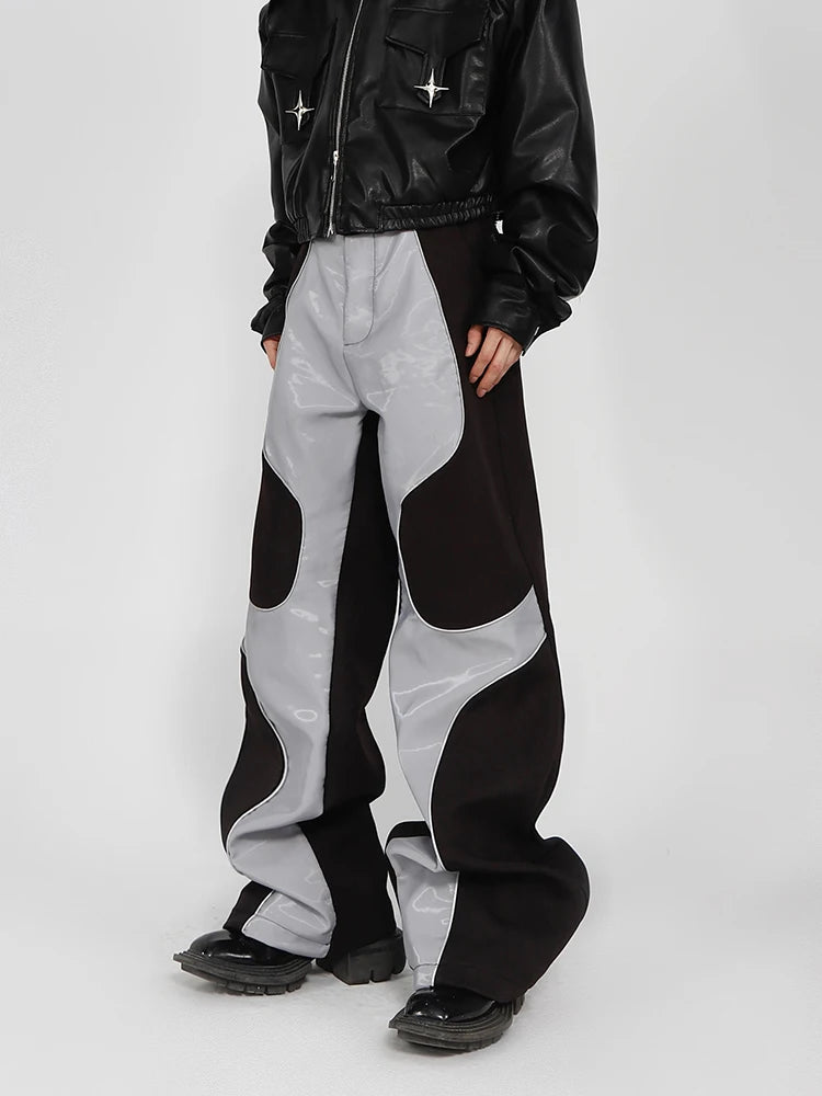 Mauroicardi Spring Autumn Cool Long Loose Casual Soft Patchwork Pu Leather Pants Men Luxury Designer Clothing Trousers 2023