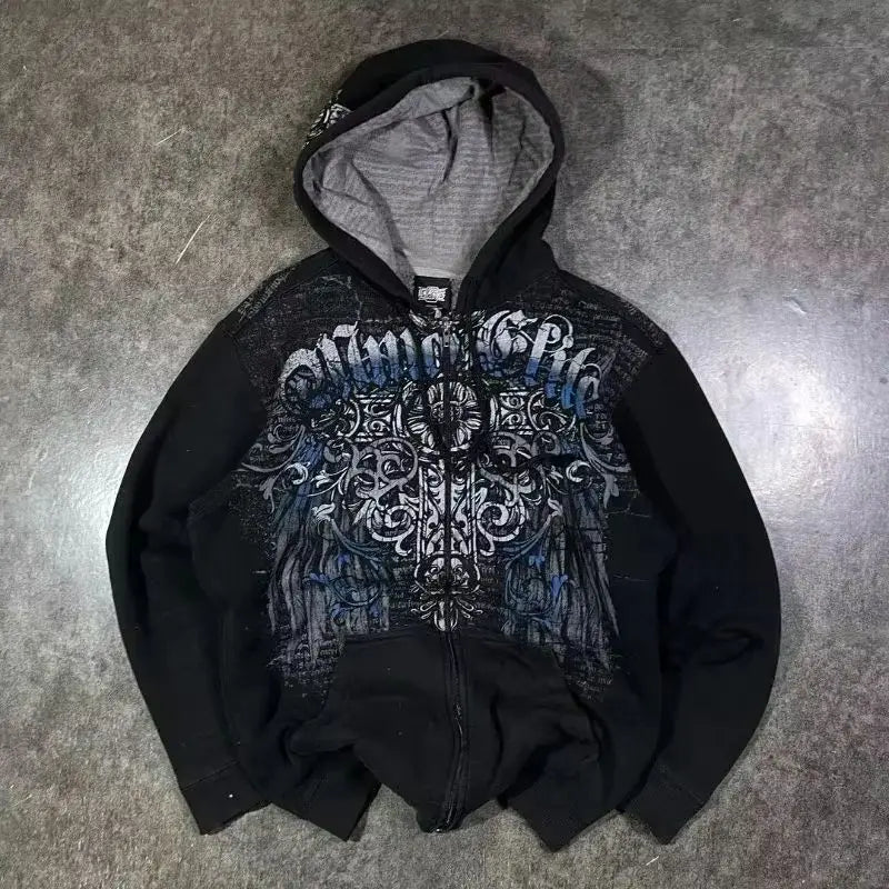 Harajuku Plum Tree Embroidered Oversized Pink Zipper Hoodies For Men and Women Y2K New Gothic Fashion Retro Street Sweatshirts
