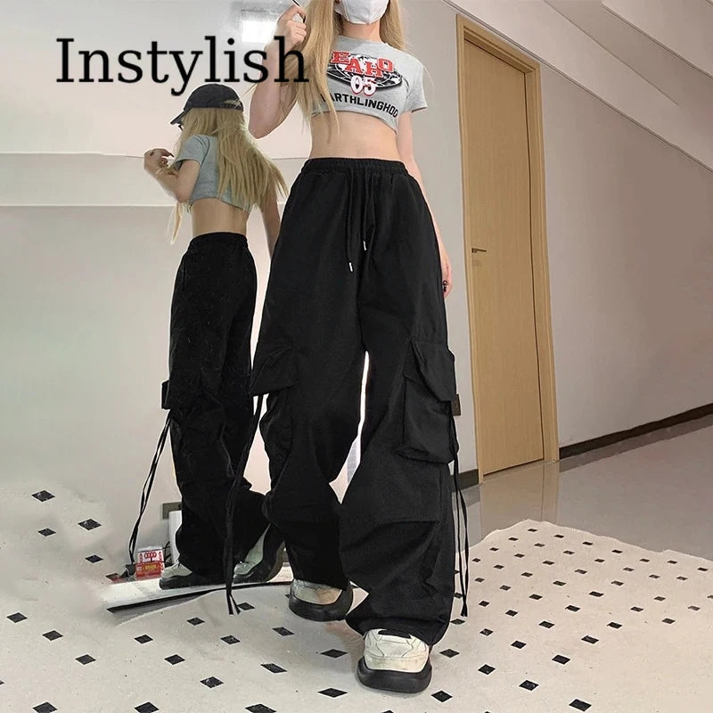 American Women's Overalls Retro Quick Drying Summer High Straight Wide Leg Streamers Loose Casual Floor Length Trousers Trend