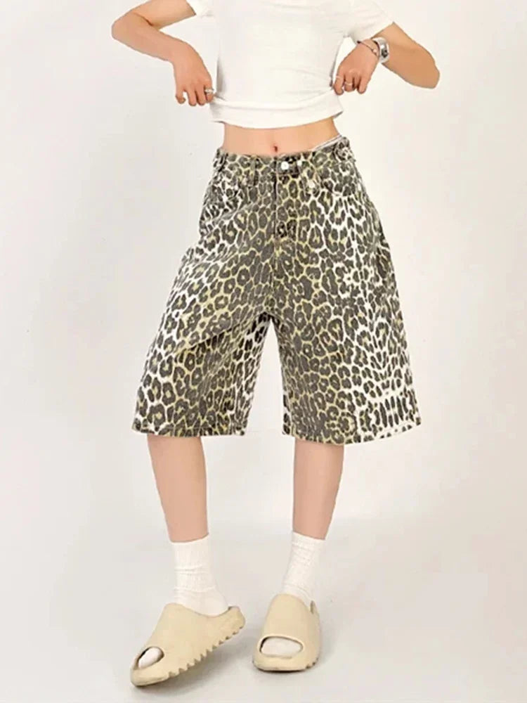 Women's Shorts Denim Leopard Print High Waisted Straight Leg Pants Street Harajuku Y2K Retro Versatile Fashion Wide Leg Jeans