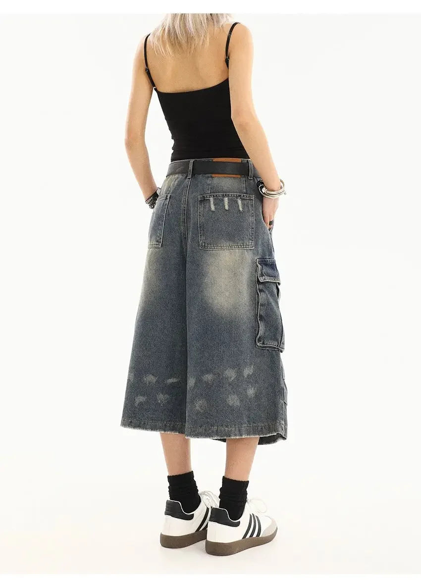 High Waist  Retro Blue Washed Denim Shorts Women's Harajuku Vintage Fashion Casual Loose Y2K Streetwear Wide Leg Cropped Pants