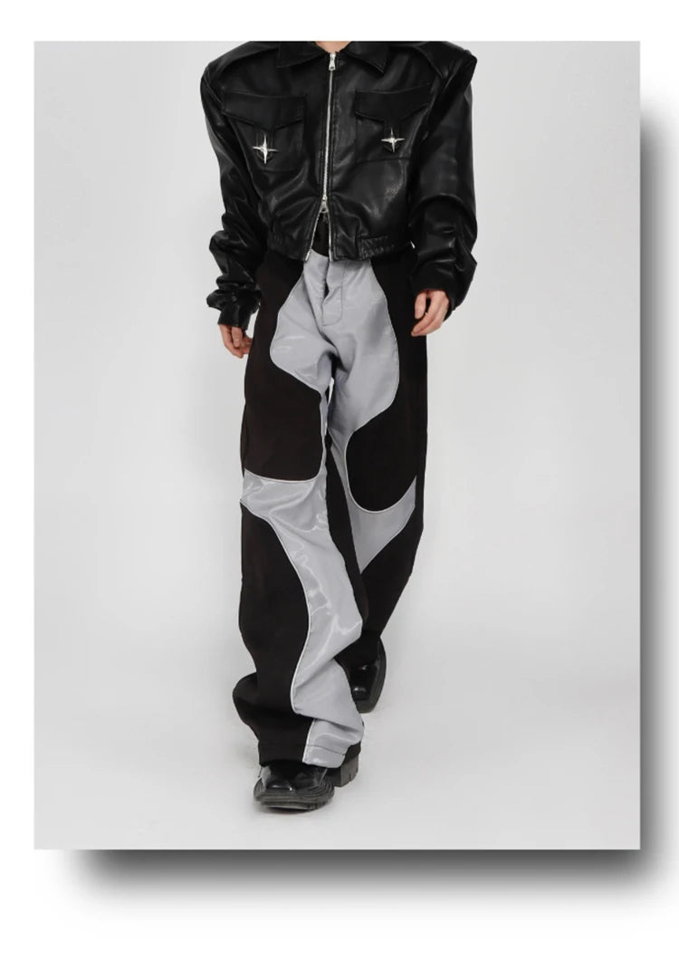 Mauroicardi Spring Autumn Cool Long Loose Casual Soft Patchwork Pu Leather Pants Men Luxury Designer Clothing Trousers 2023