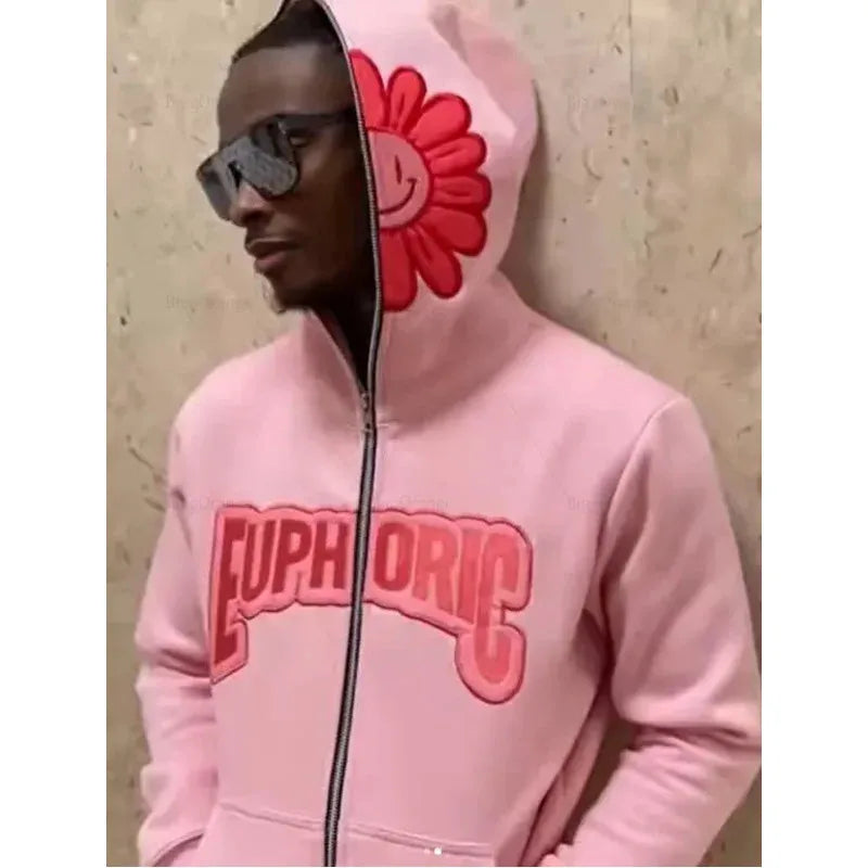 Harajuku Pink Petal Print Sweatshirts Full Zip Hoodie Streetwear Jacket Y2K Clothes New Lounge Wear Tracksuit Men Cloth NM33
