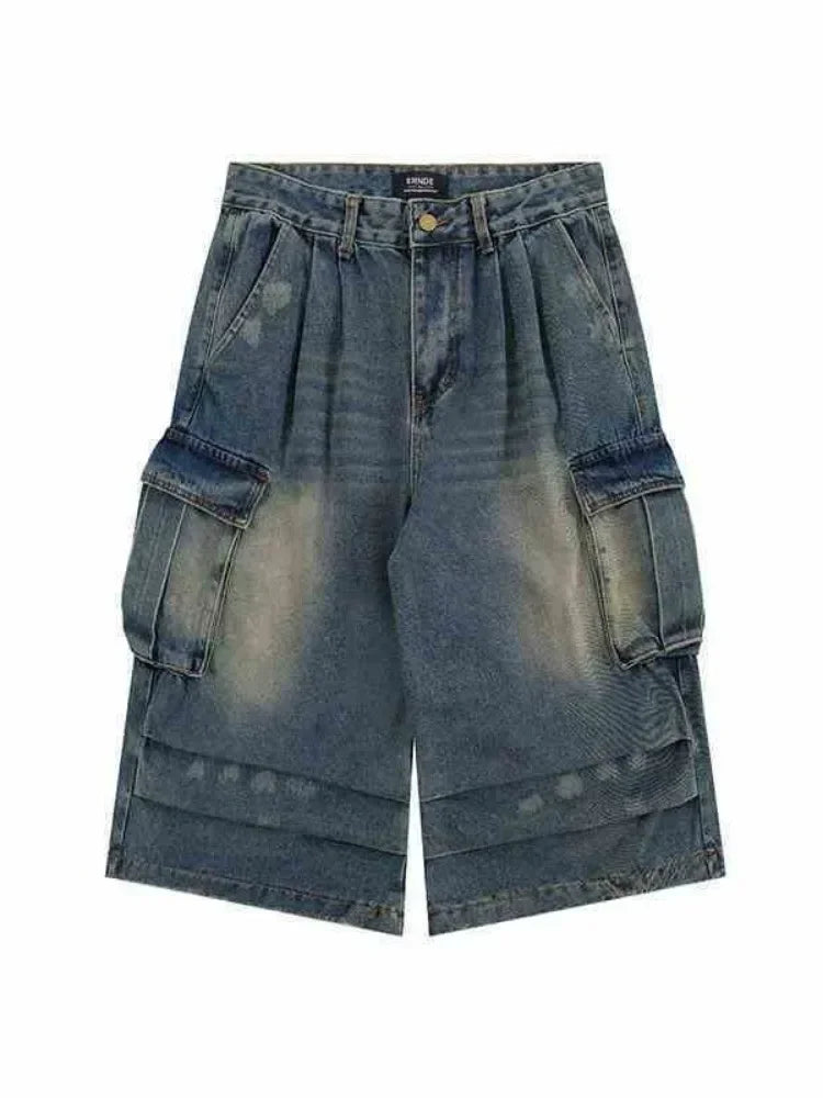 High Waist  Retro Blue Washed Denim Shorts Women's Harajuku Vintage Fashion Casual Loose Y2K Streetwear Wide Leg Cropped Pants