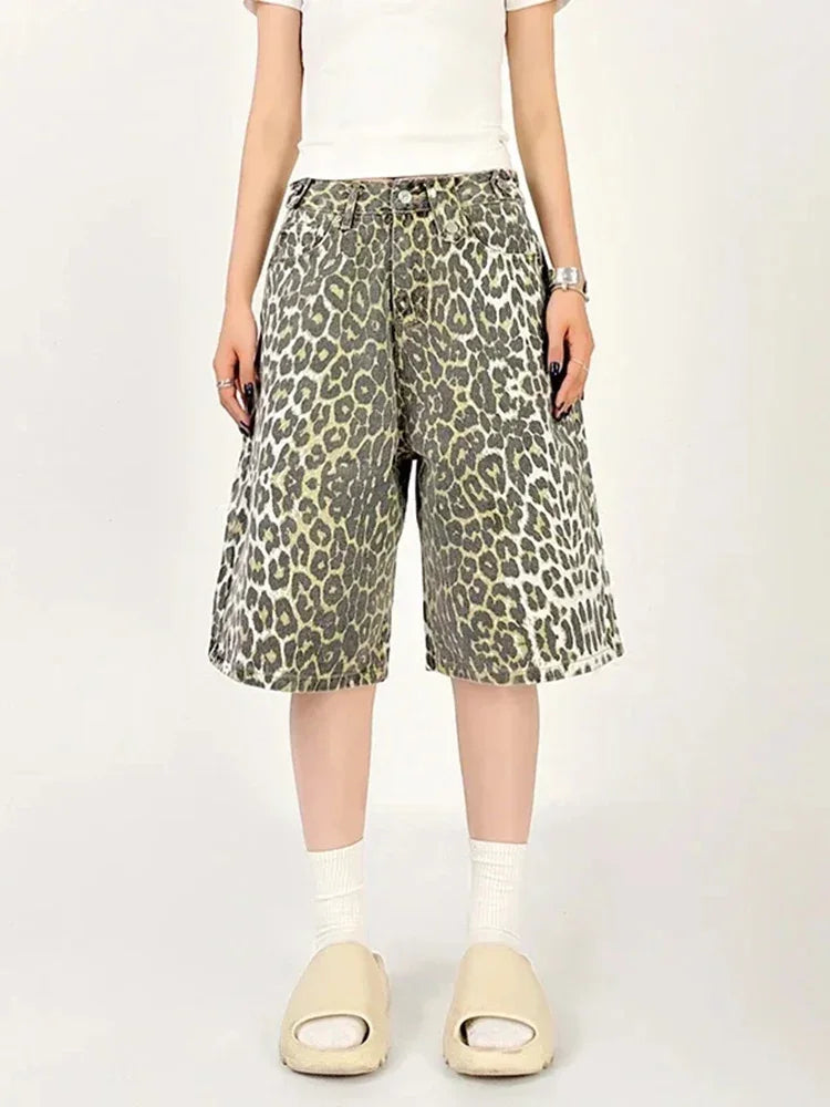 Women's Shorts Denim Leopard Print High Waisted Straight Leg Pants Street Harajuku Y2K Retro Versatile Fashion Wide Leg Jeans