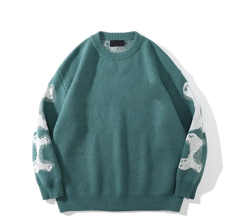 Men Loose Sweaters Black Skeleton Bone Print Pullovers Women Vintage Retro Knitted Sweater Autumn Cotton Pullover Unisex 3XL