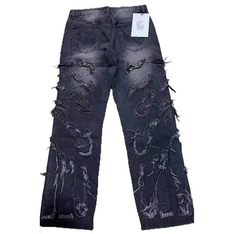 Street Gothic Retro High Waisted Wide Leg Trousers 2025 Y2k Hip Hop Baggy Jeans Men's Street Fashion Raw Edge Embroidered Jeans