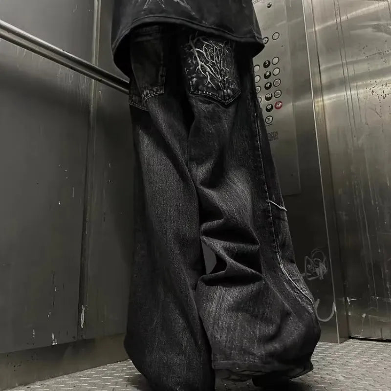 Gothic Retro Baggy Unisex Mopping Pants Y2K Phantom Jeans High Street Spider Embroidered Patch Hip Hop Streetwear Straight Jeans