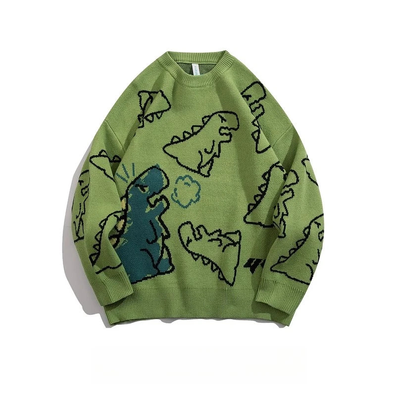 Men Streetwear Cartoon Dinosaur Sweater Hip-hop Loose Fit Round Neck Knitwear All-over Print Pullover Casual Sweater Men Women