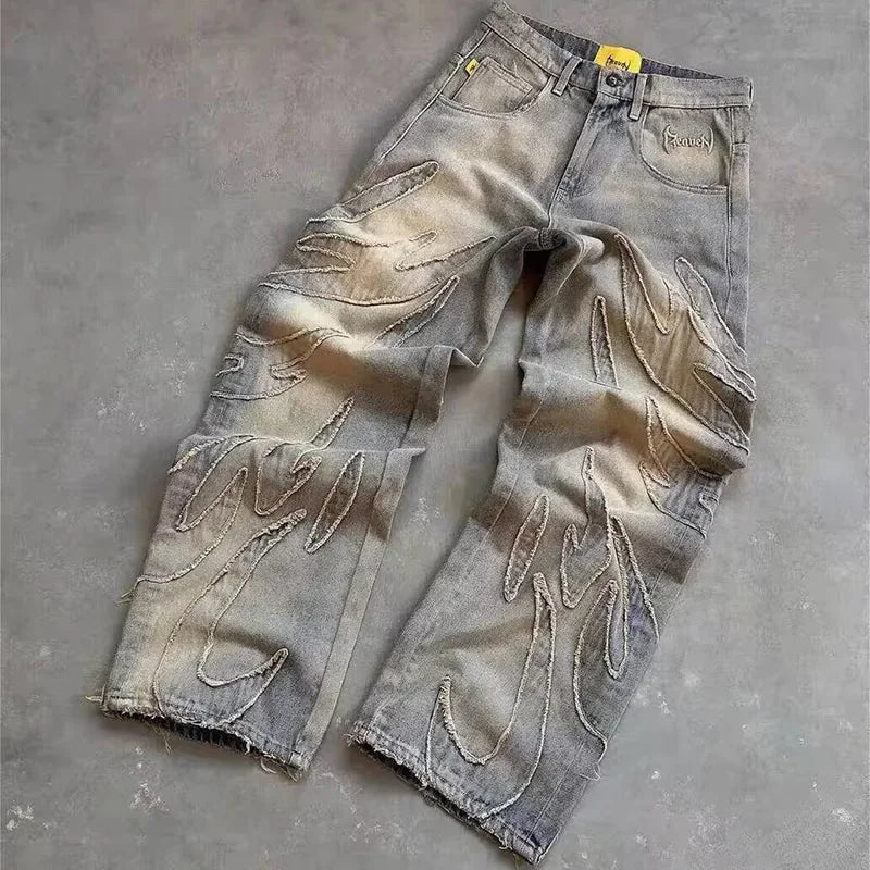 Street Gothic Retro High Waisted Wide Leg Trousers 2025 Y2k Hip Hop Baggy Jeans Men's Street Fashion Raw Edge Embroidered Jeans