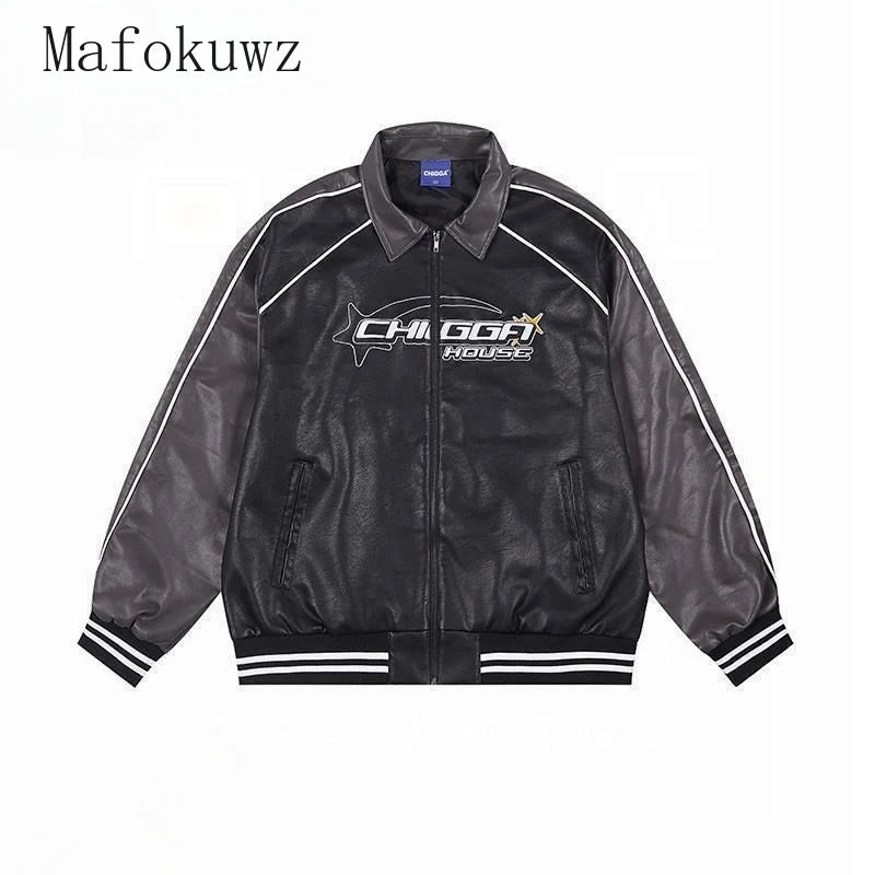 American Embroidery Color Matching Motorcycle PU Leather Jacket Couple Loose Casual High Street Jackets Overcoat Male Clothes