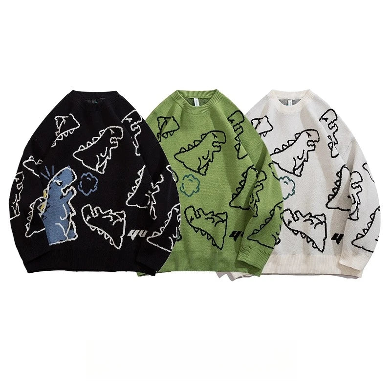 Men Streetwear Cartoon Dinosaur Sweater Hip-hop Loose Fit Round Neck Knitwear All-over Print Pullover Casual Sweater Men Women