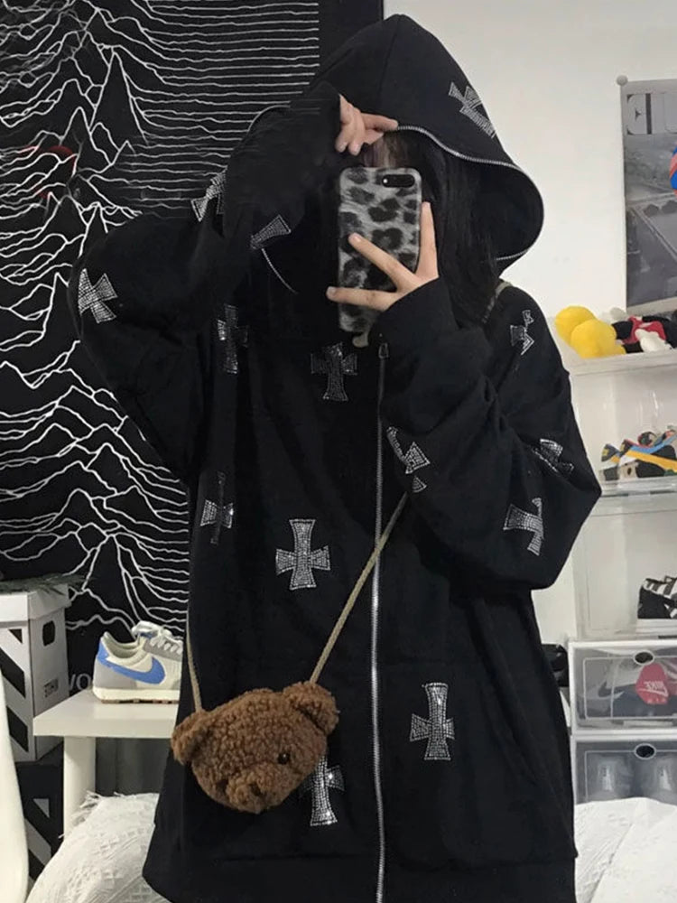 Rhinestone Full Zip Hoodie Goth Sweatshirt Pull Long Sleeve Black Hoodies Y2k Fashion Men's Women's Sport Jackets Coats New 2023