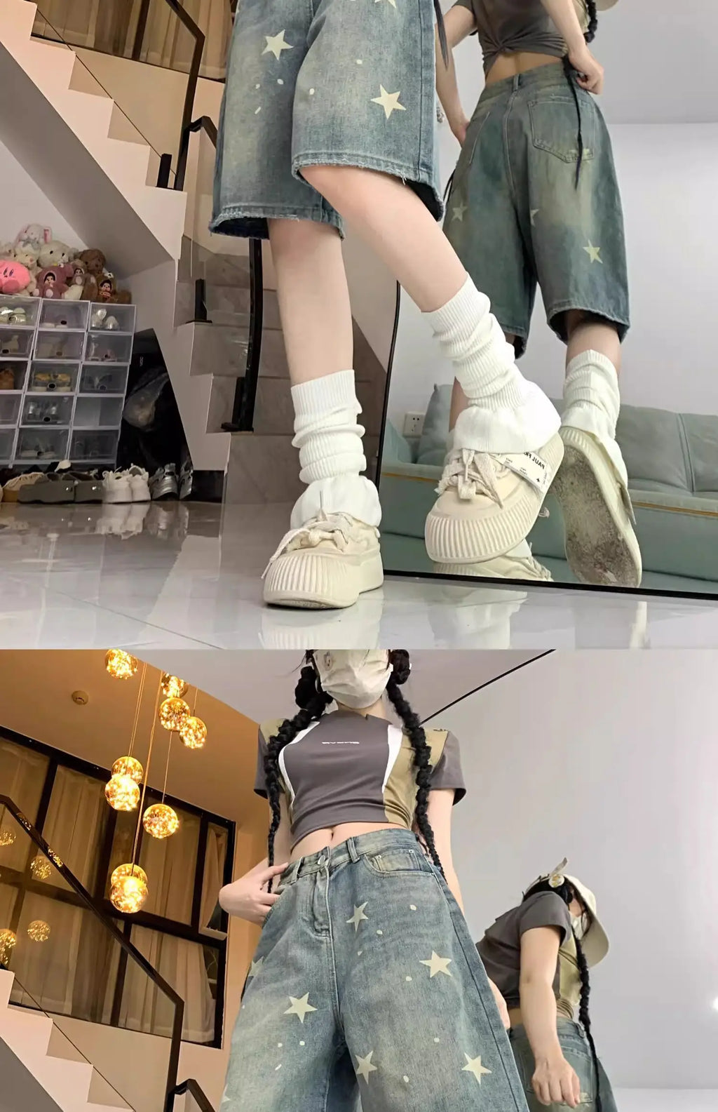 Casual Floral Print Loose Wide Leg Womens Jeans New American Retro Star Design Straight Leg Comfort Stretch Soft Denim Shorts