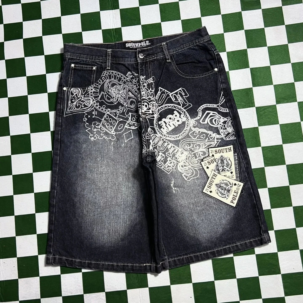 Streetwear Denim Shorts Mens Embroidery American Hip Hop Printed Loose Shorts Gothic Retro Harajuku Fashion Y2K New Shorts