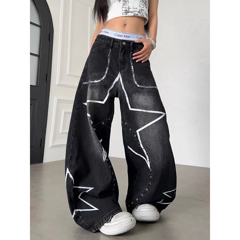 YIBASHU Women's Black Gothic Emo Y2k Gyaru Baggy Jeans Oversize Denim Trousers Vintage Harajuku Grunge Star Wide Leg Jean Pants